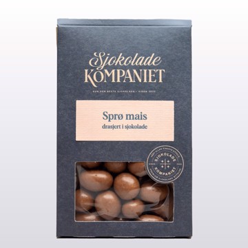 Bilde av drasjerte mais fra Sjokoladekompaniet – sprø, puffet mais overtrukket med sjokolade og en delikat glans. En perfekt balanse mellom søtt, salt og crunchy tekstur, ideell som en smakfull snack eller gave.